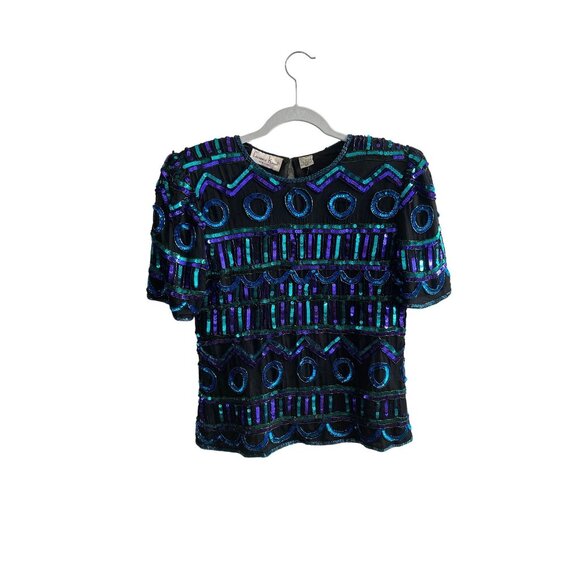 Vintage Laurence Kazar Sequined Silk Top Black Blue Green Short Sleeve Petite Me - Picture 1 of 10